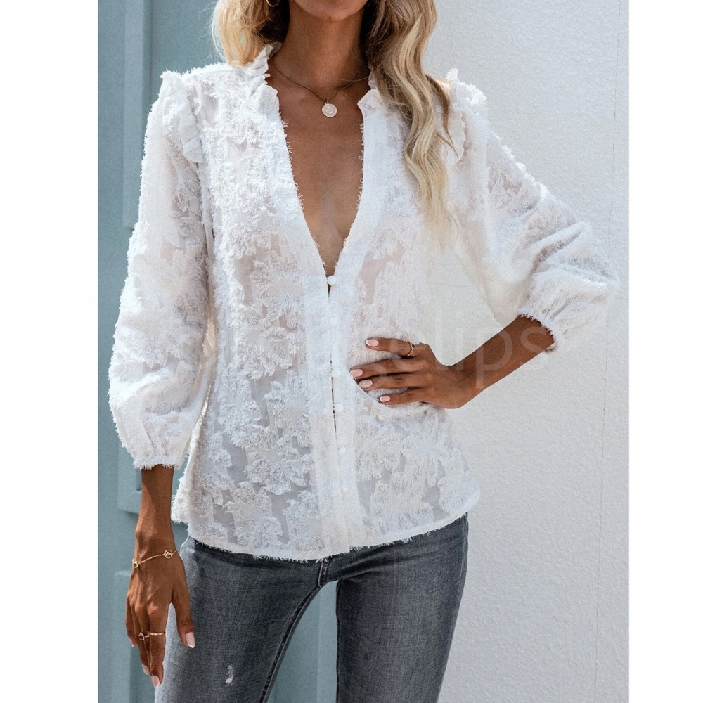 White Casual Textured Shirt Button Up Down Floral - Picture 3 of 16
